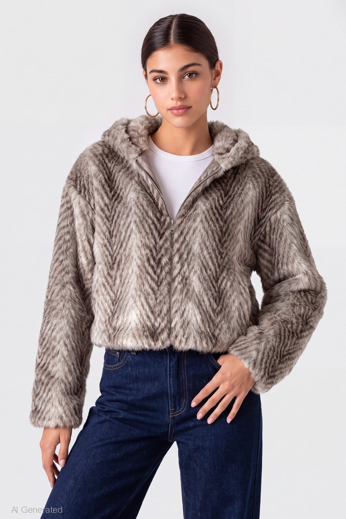Faux Fur Zip Hooded Jacket - Ivory