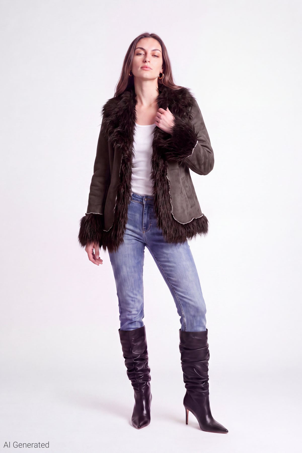Alt View 2. Faux Suede Jacket with Faux Fur Trim - Brown