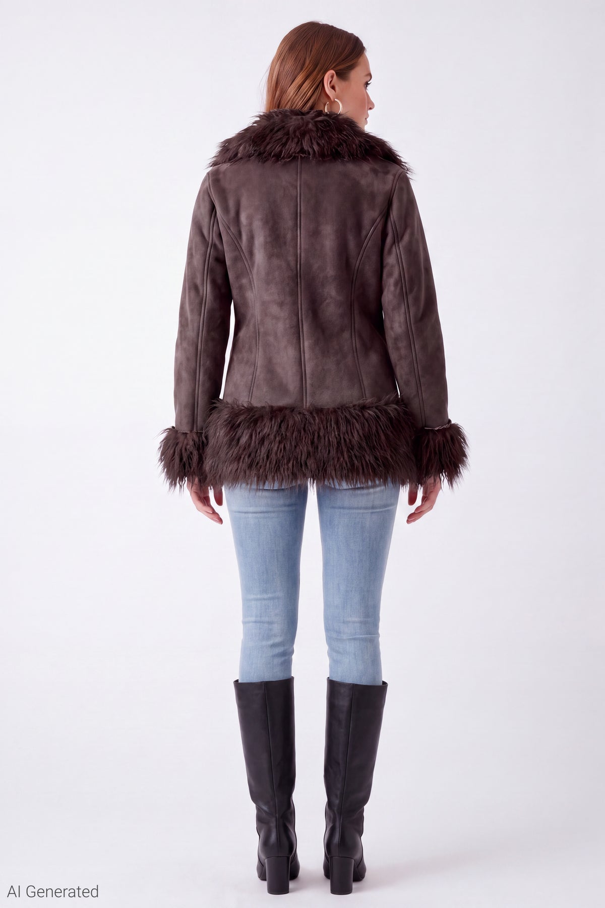 Alt View 3. Faux Suede Jacket with Faux Fur Trim - Brown