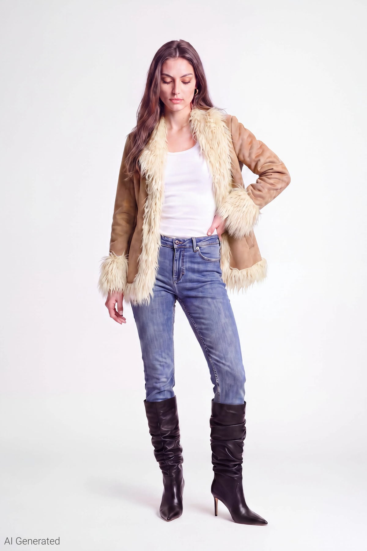 Alt View 2. Faux Suede Jacket with Faux Fur Trim - Light Brown