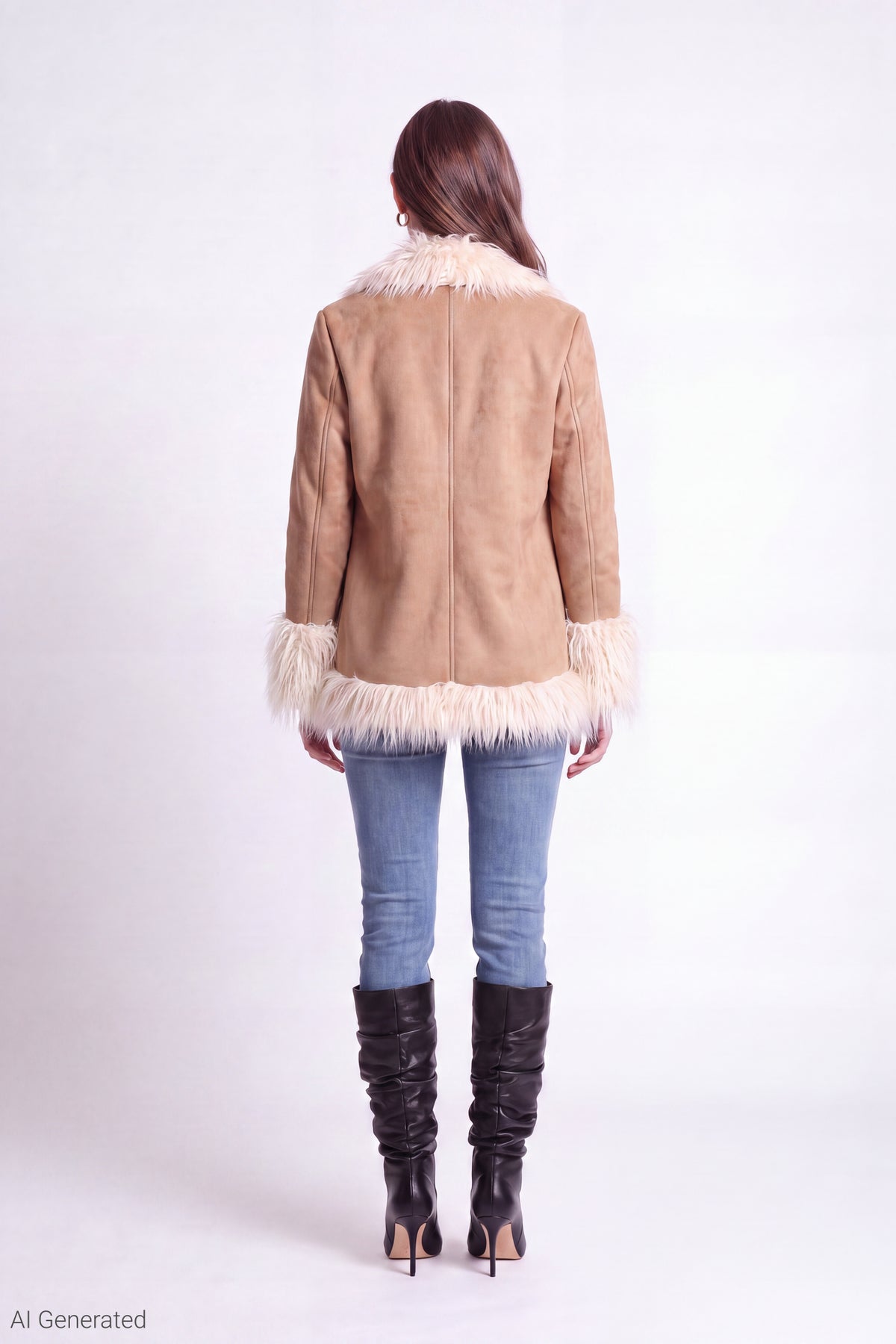Alt View 3. Faux Suede Jacket with Faux Fur Trim - Light Brown