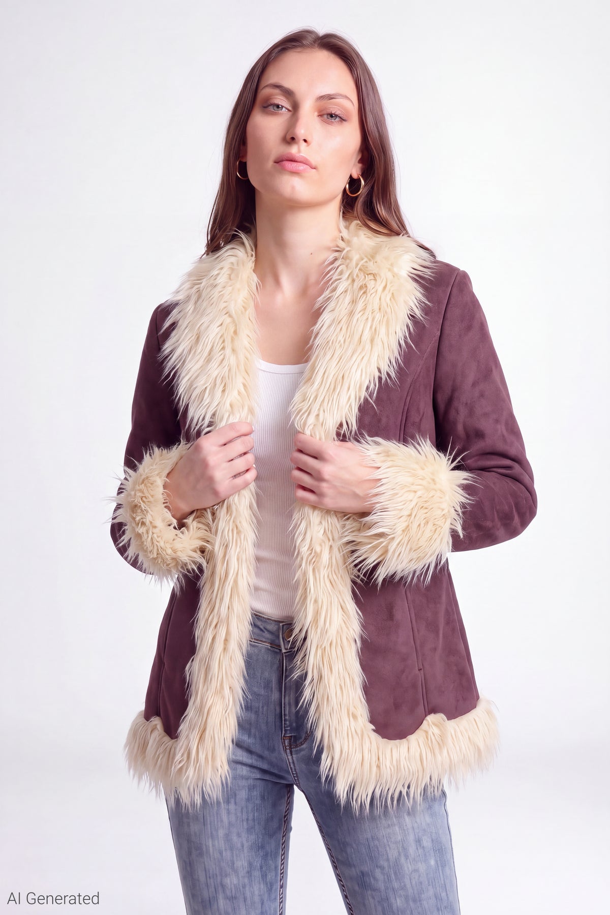 Faux Suede Jacket with Faux Fur Trim - Dark Purple