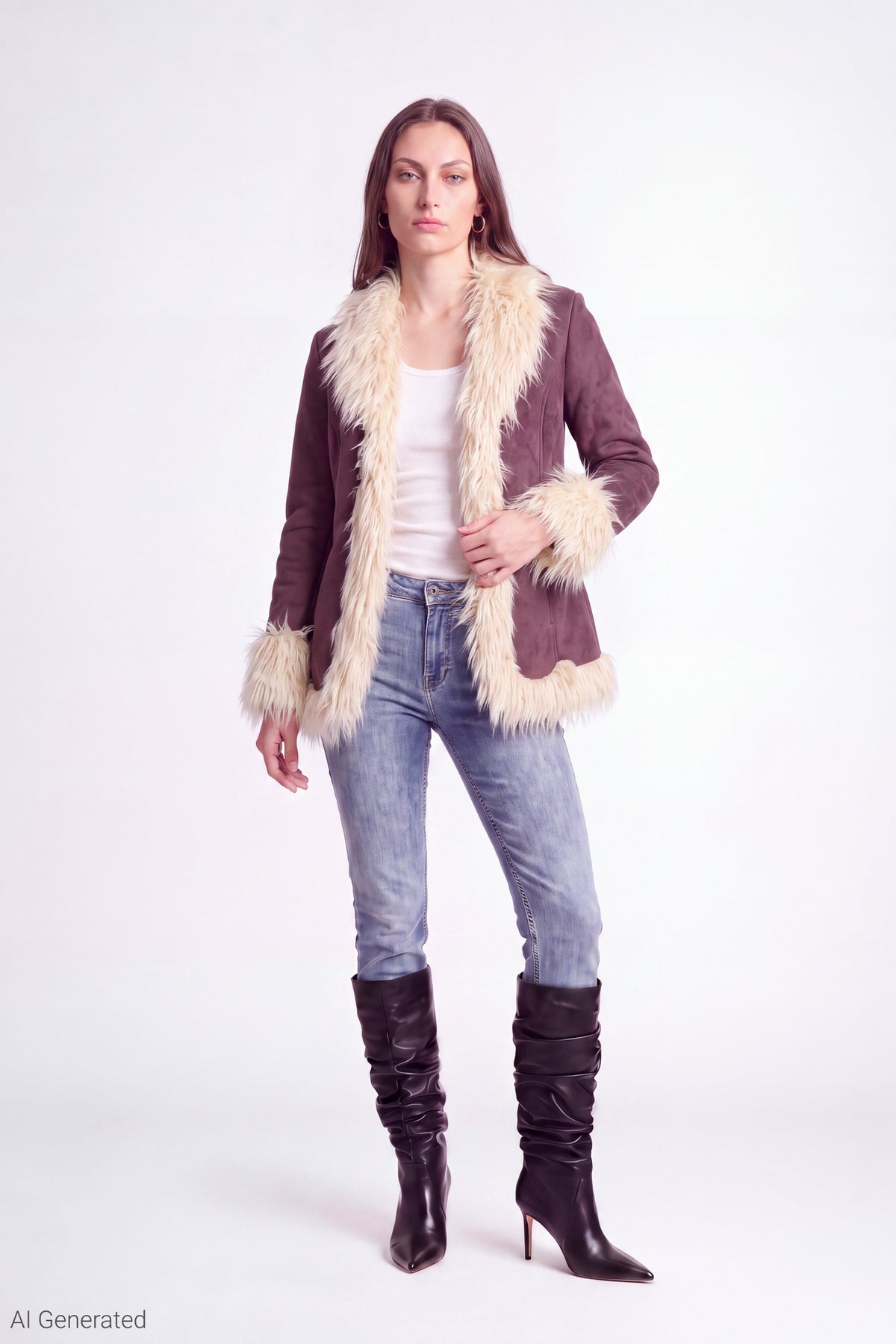 Alt View 2. Faux Suede Jacket with Faux Fur Trim - Dark Purple