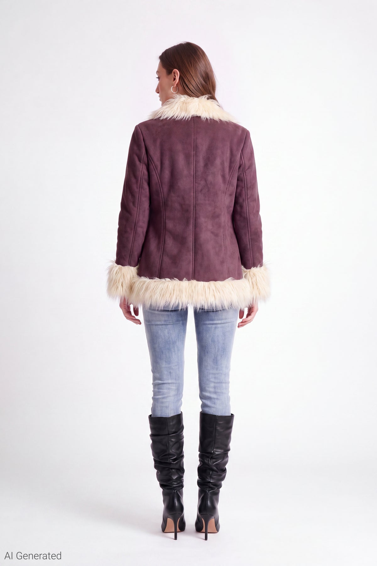 Alt View 3. Faux Suede Jacket with Faux Fur Trim - Dark Purple
