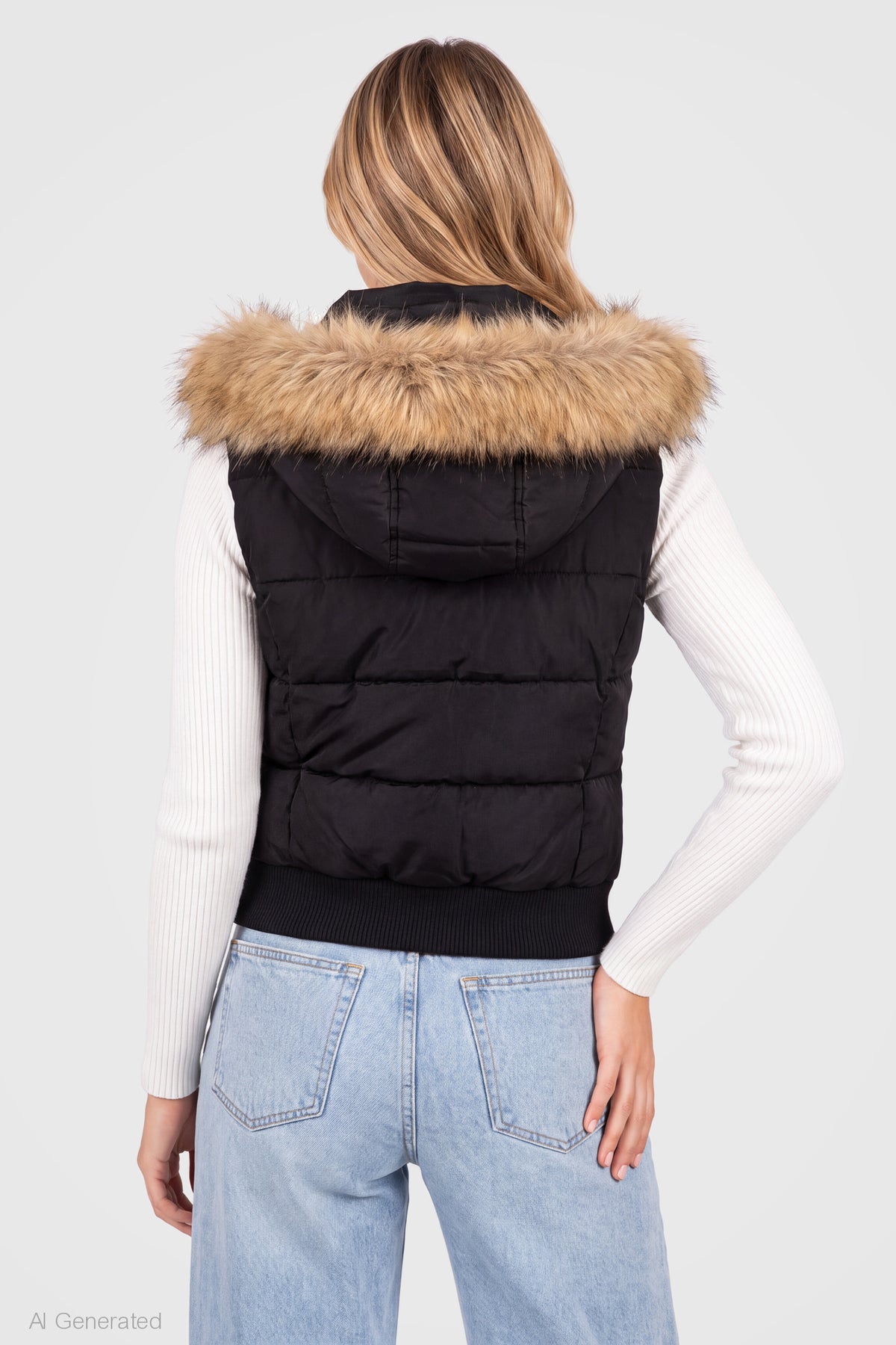 Alt View 2. Faux Fur Trim Puffer Vest - Black