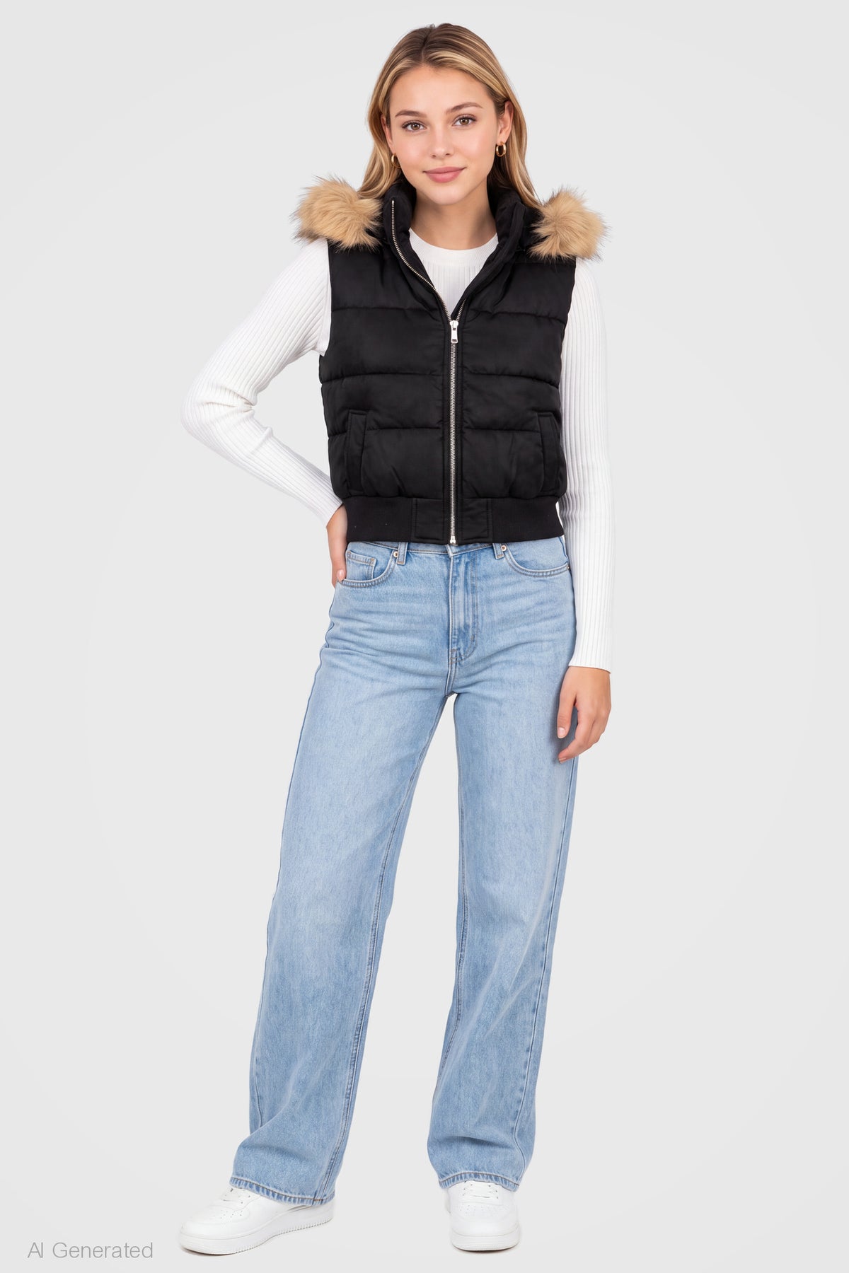 Alt View 3. Faux Fur Trim Puffer Vest - Black