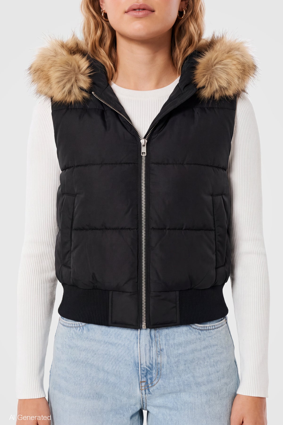 Alt View 4. Faux Fur Trim Puffer Vest - Black