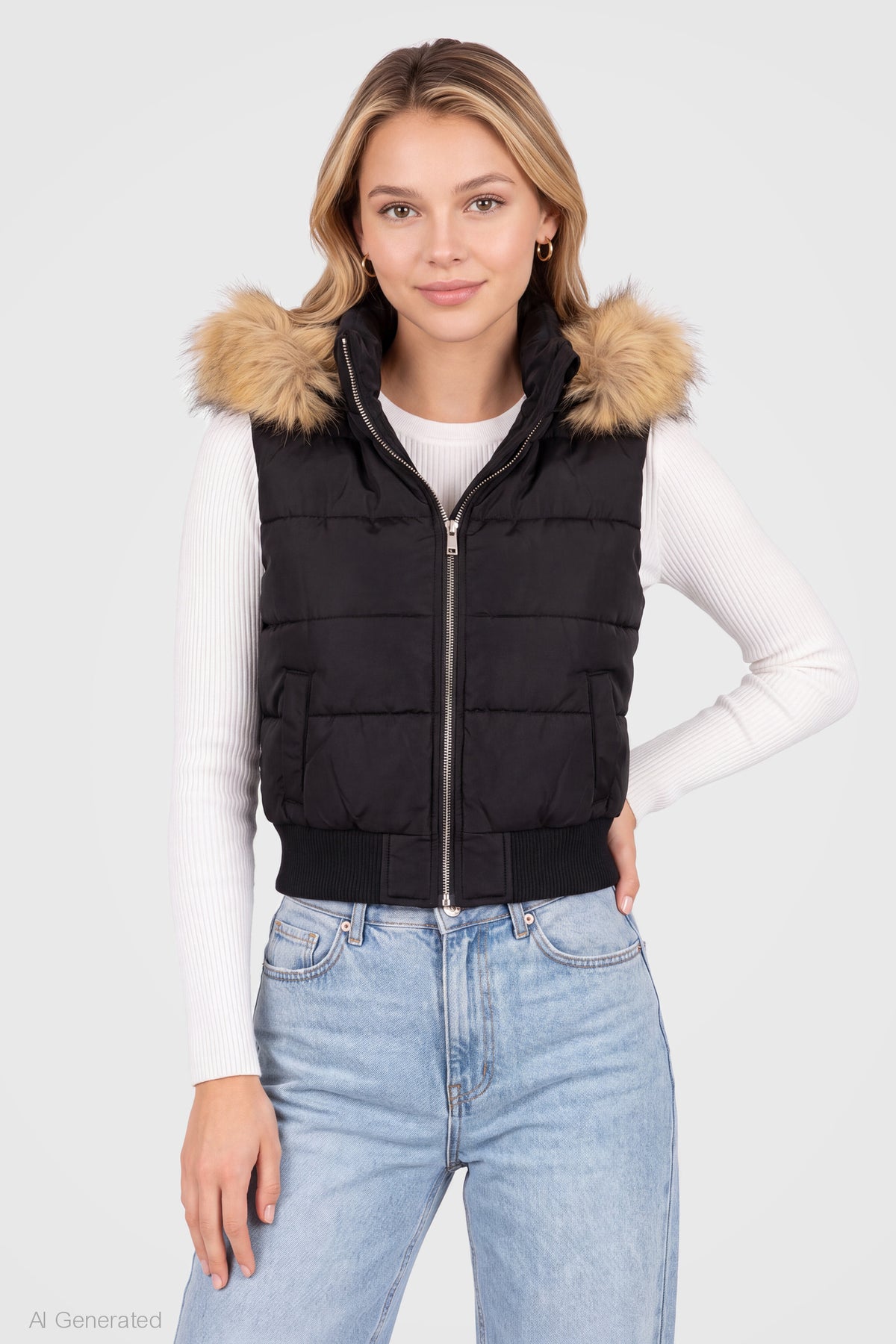 Faux Fur Trim Puffer Vest - Black