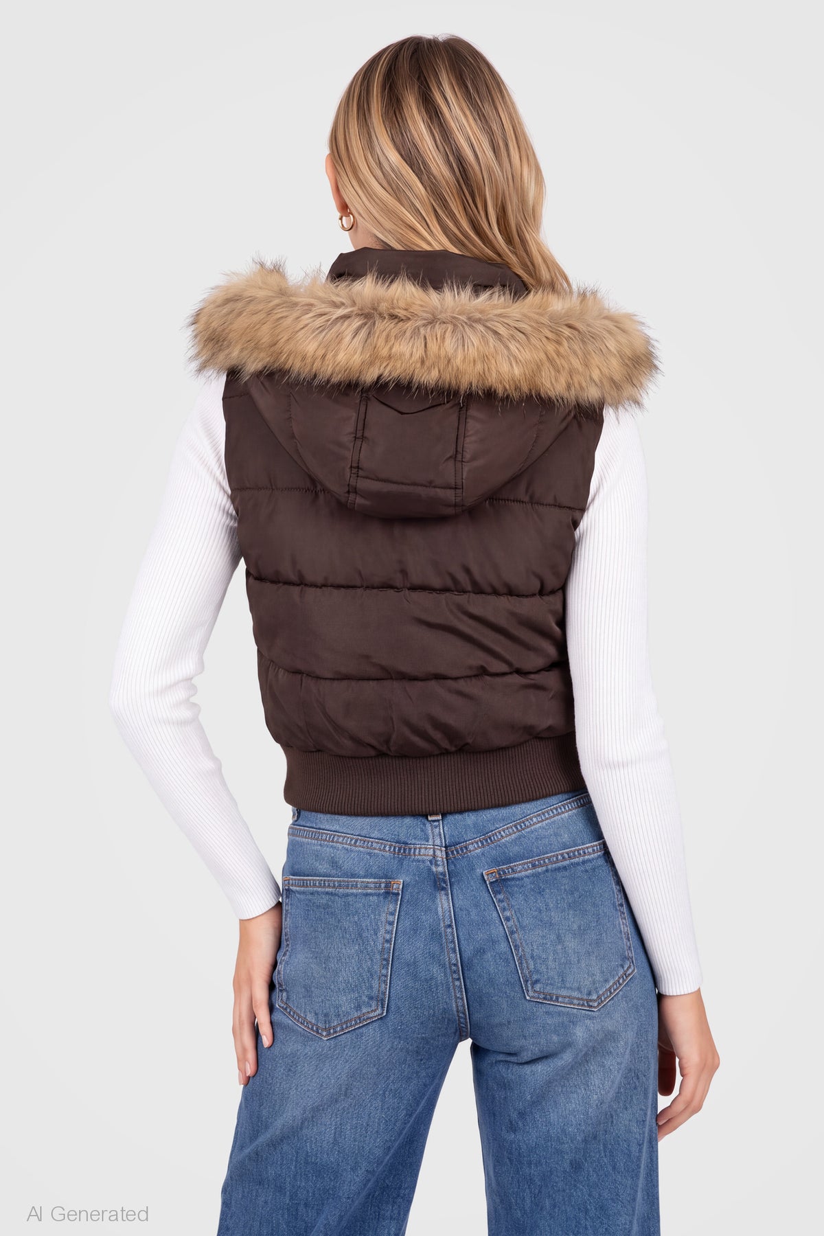 Alt View 2. Faux Fur Trim Puffer Vest - Brown