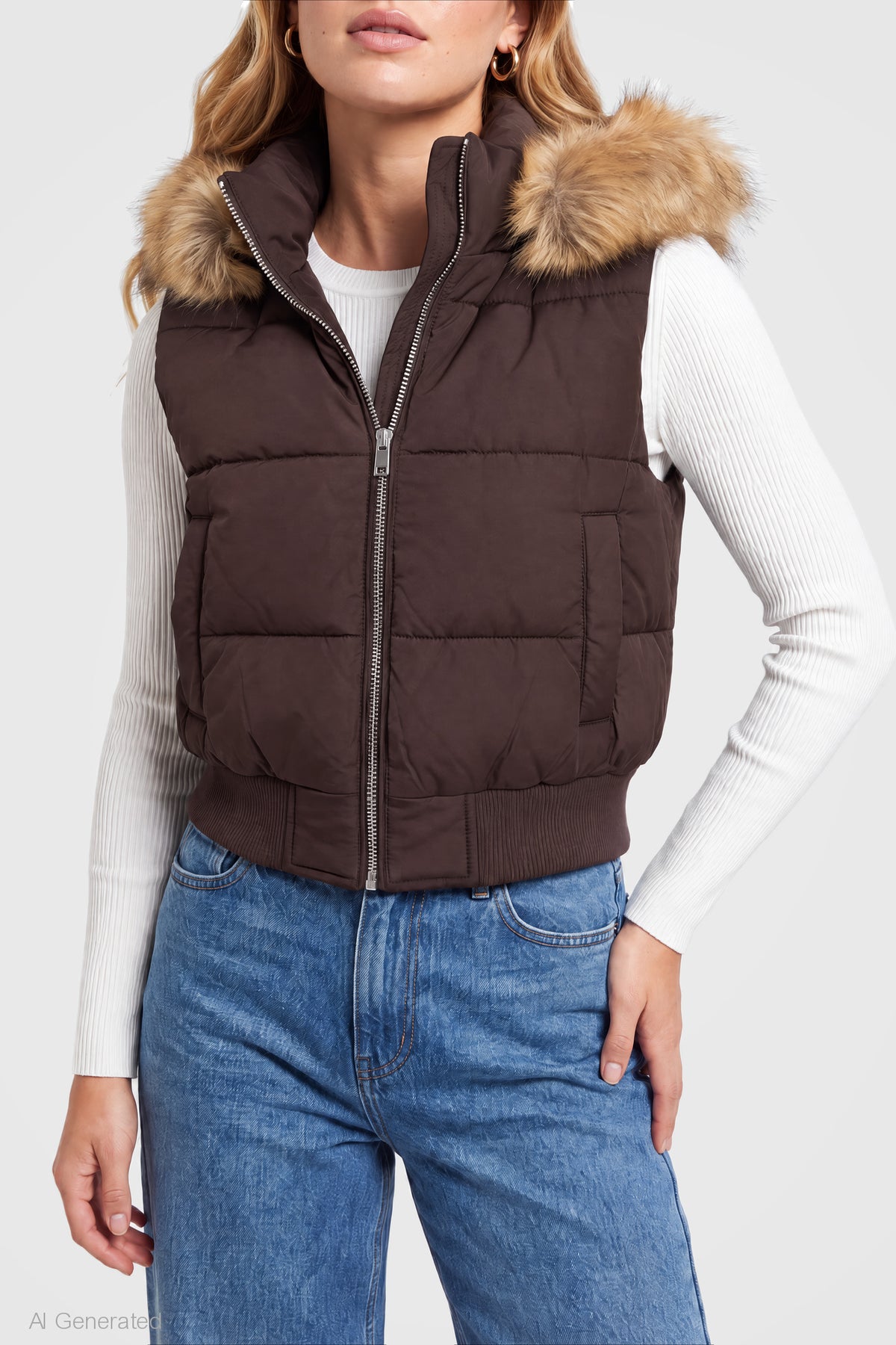Alt View 4. Faux Fur Trim Puffer Vest - Brown