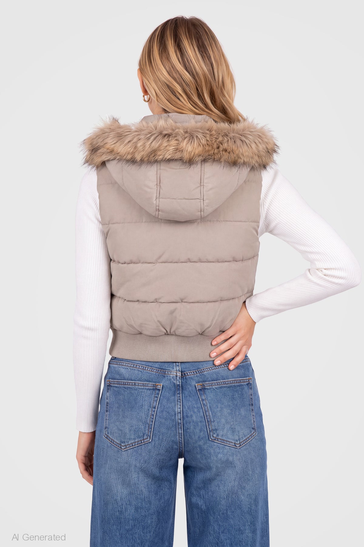 Alt View 2. Faux Fur Trim Puffer Vest - Tan