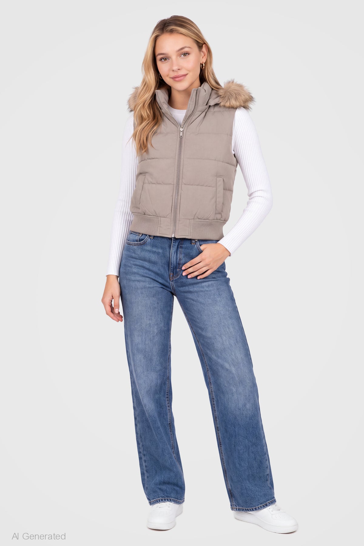 Alt View 3. Faux Fur Trim Puffer Vest - Tan