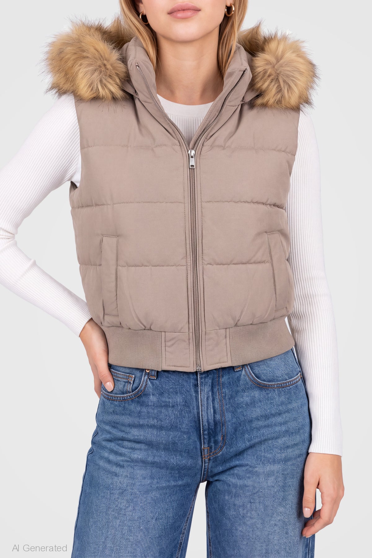 Alt View 4. Faux Fur Trim Puffer Vest - Tan