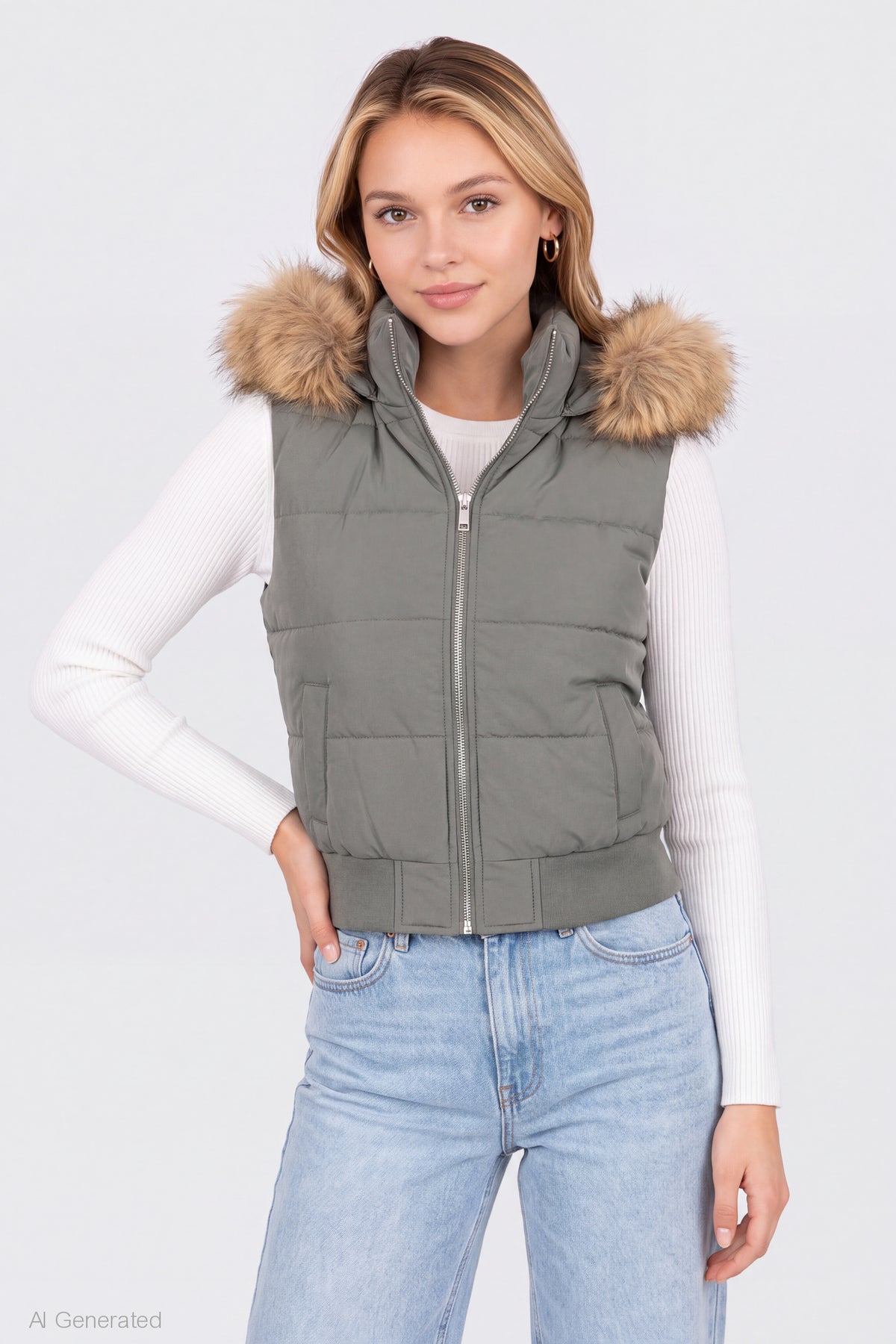 Faux Fur Trim Puffer Vest - Dark Green