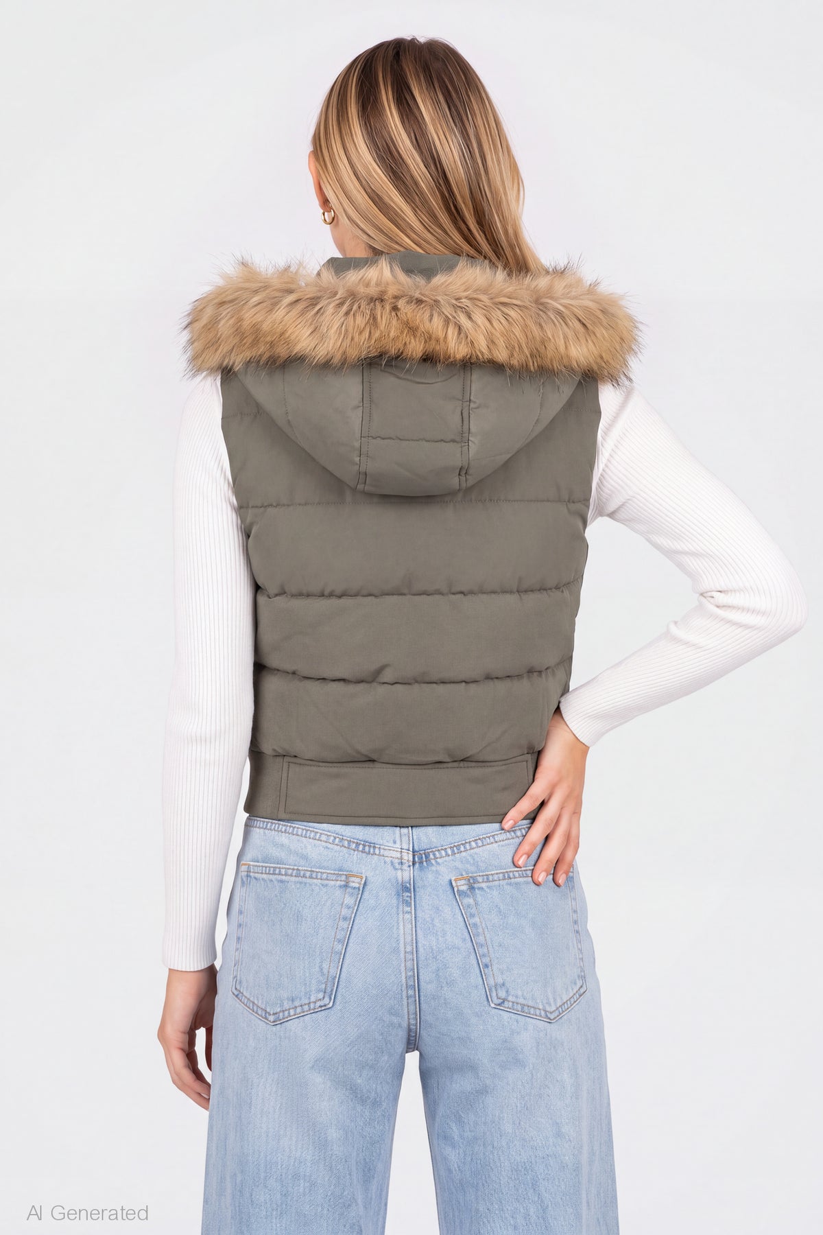 Alt View 2. Faux Fur Trim Puffer Vest - Dark Green