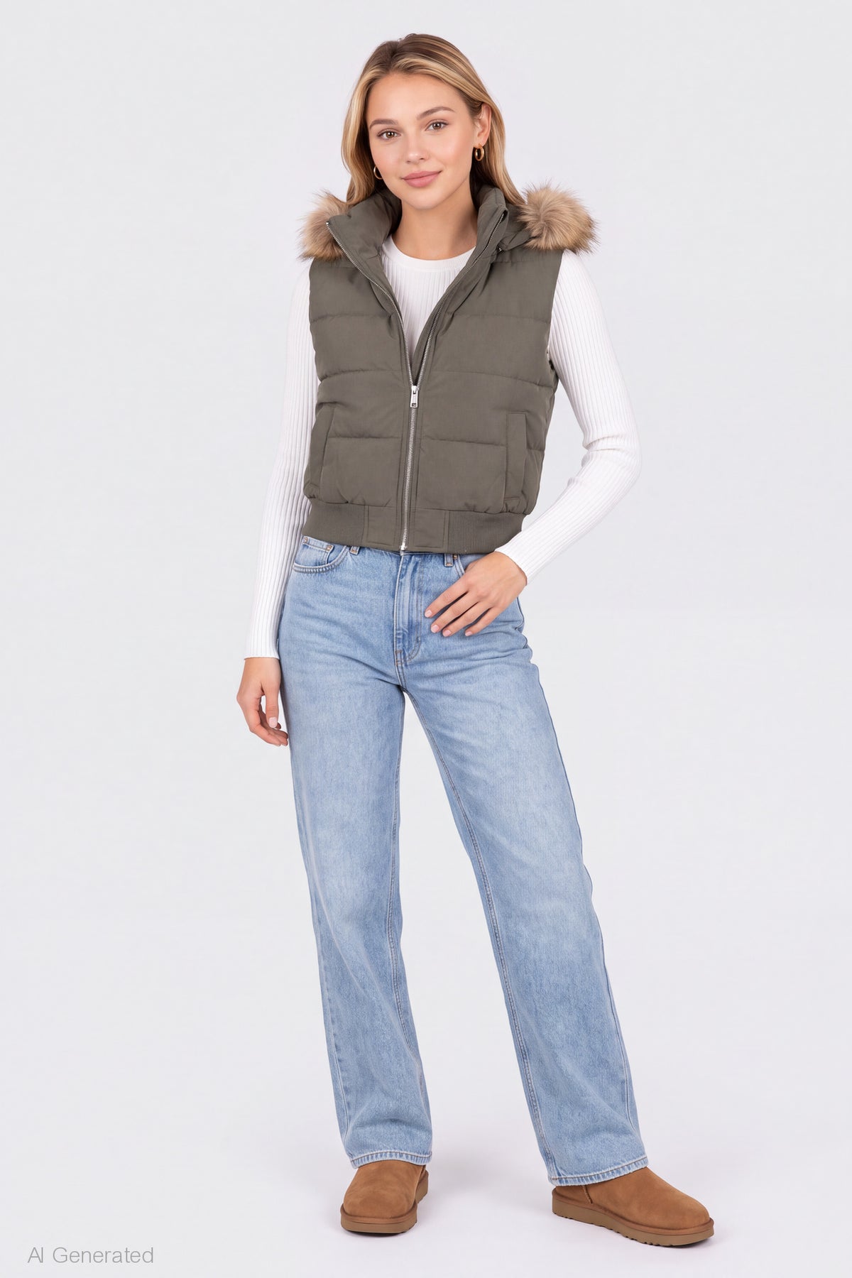 Alt View 3. Faux Fur Trim Puffer Vest - Dark Green
