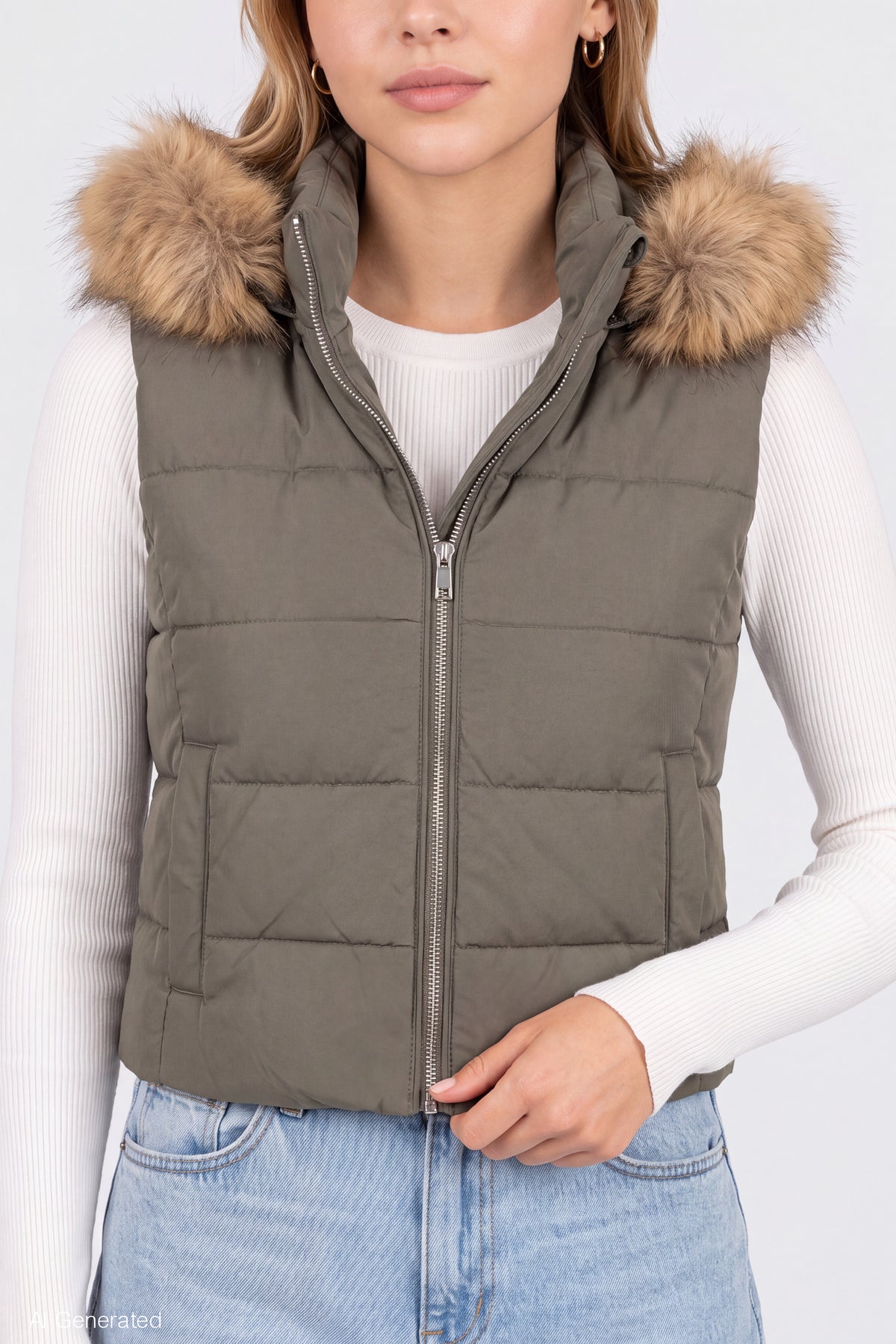 Alt View 4. Faux Fur Trim Puffer Vest - Dark Green