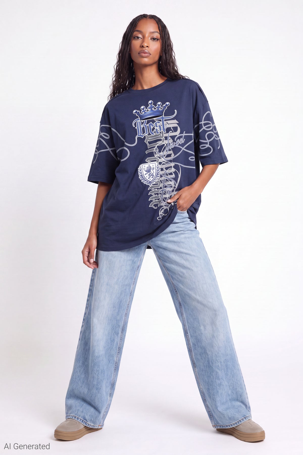Alt View 2. Oversized Soft Graphic T-Shirt - Navy