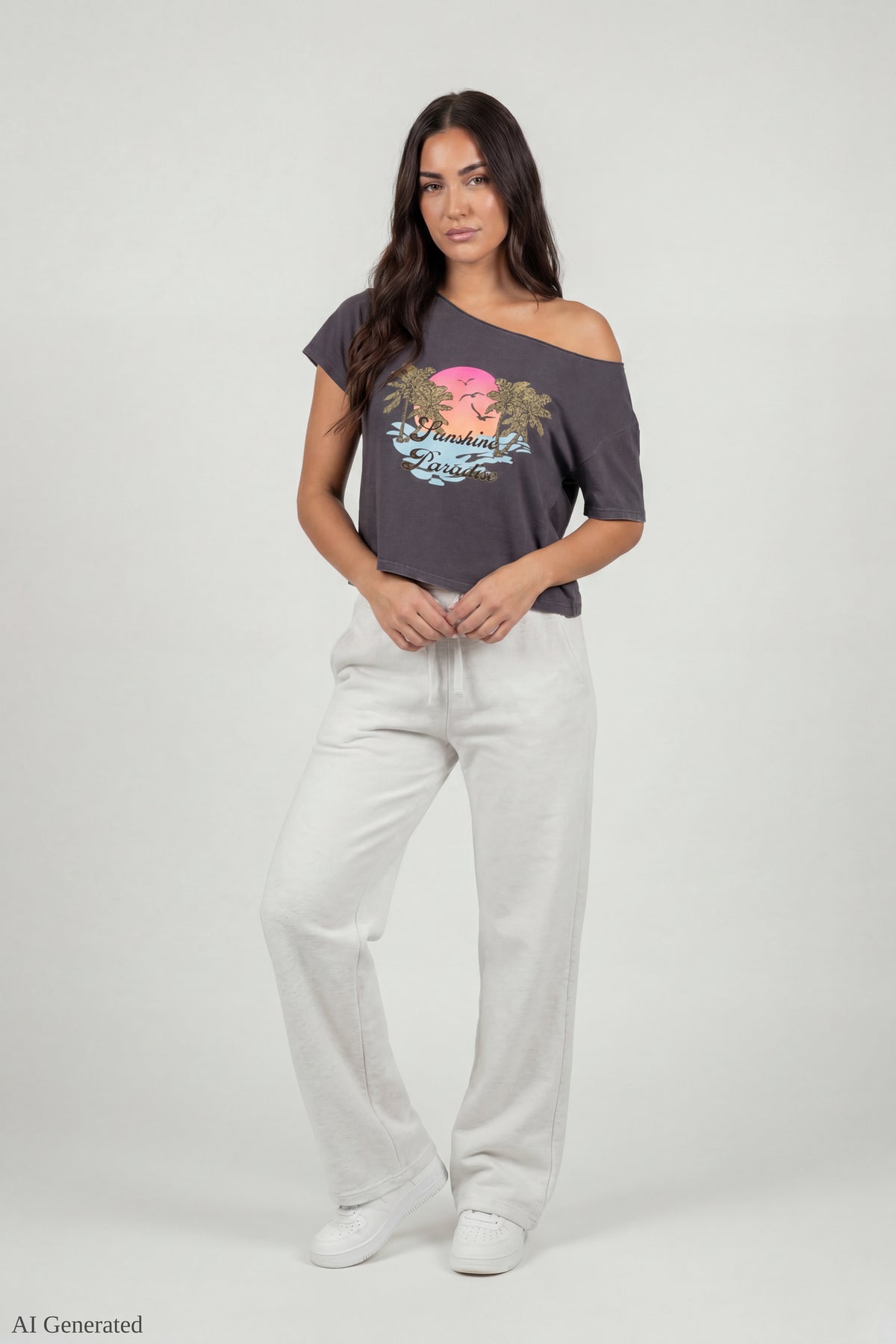 Alt View 2. Off-Shoulder Summer Graphic T-Shirt - Charcoal