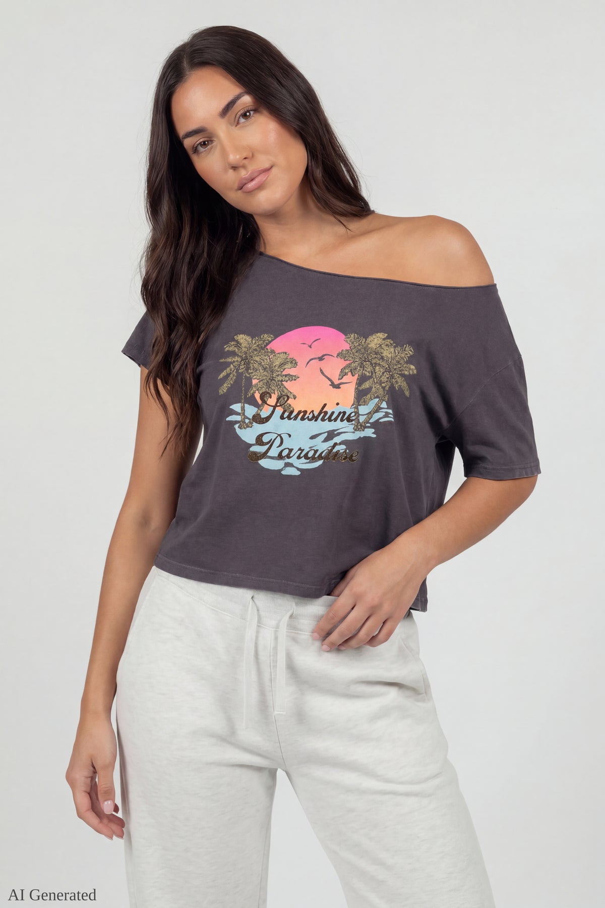 Off-Shoulder Summer Graphic T-Shirt - Charcoal