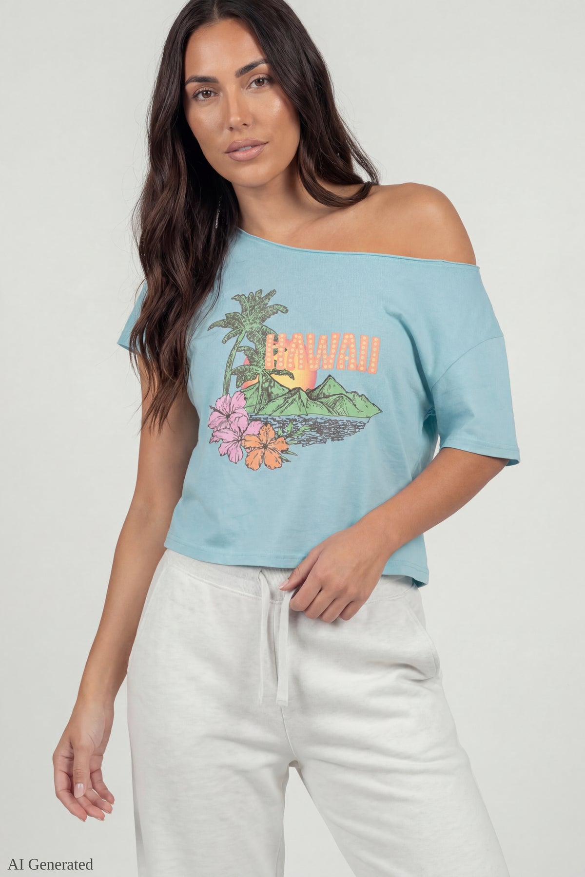 Off-Shoulder Summer Graphic T-Shirt - Blue