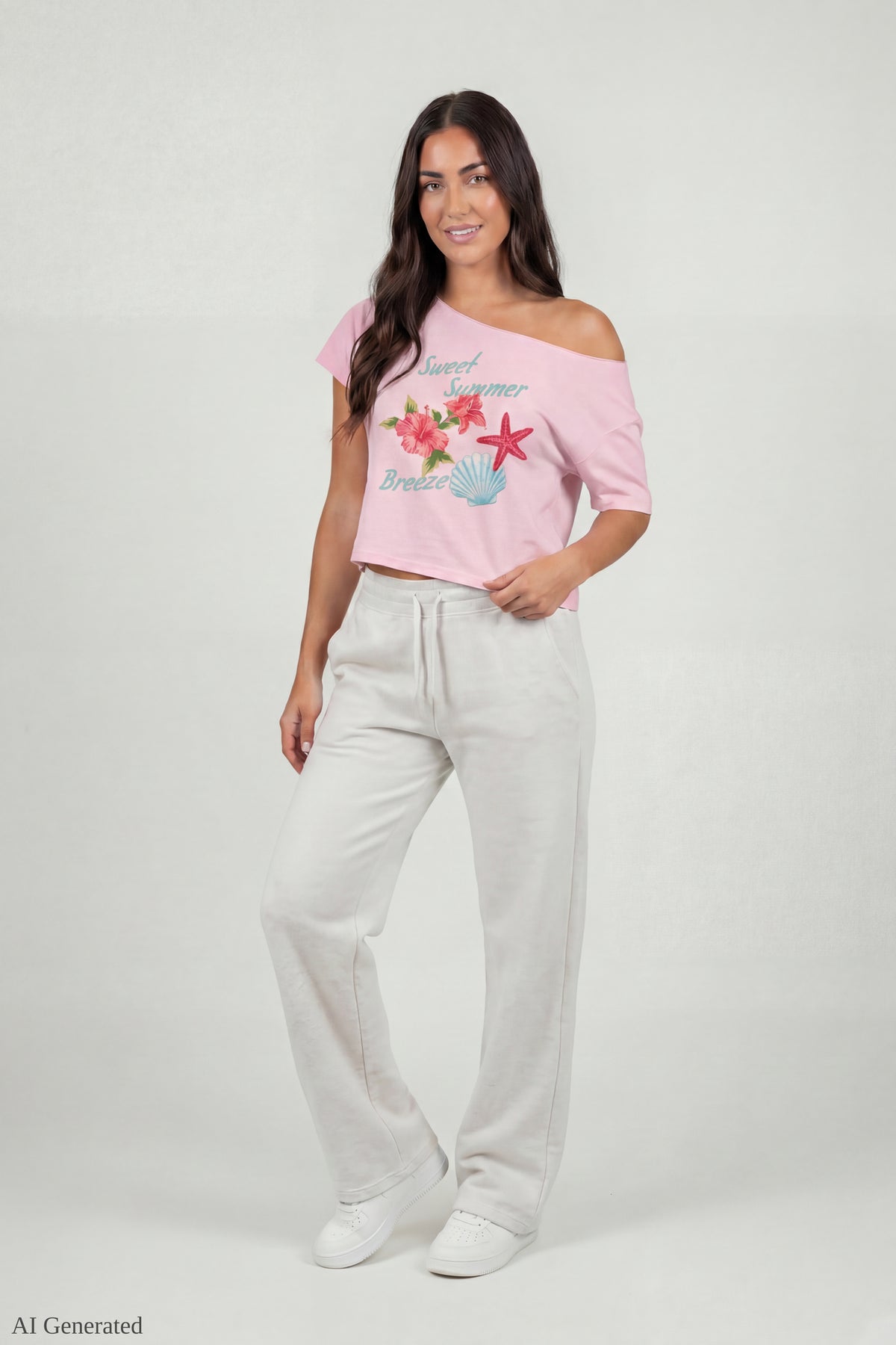 Alt View 2. Off-Shoulder Summer Graphic T-Shirt - Pink