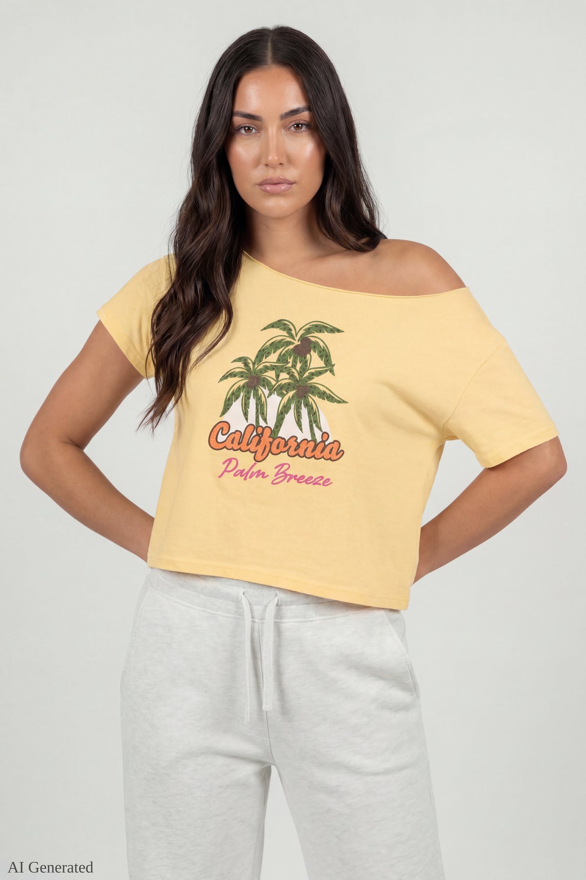 Off-Shoulder Summer Graphic T-Shirt - Yellow