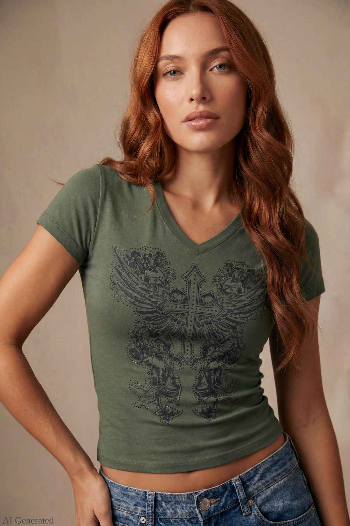 Graphic V-Neck T-Shirt - Green
