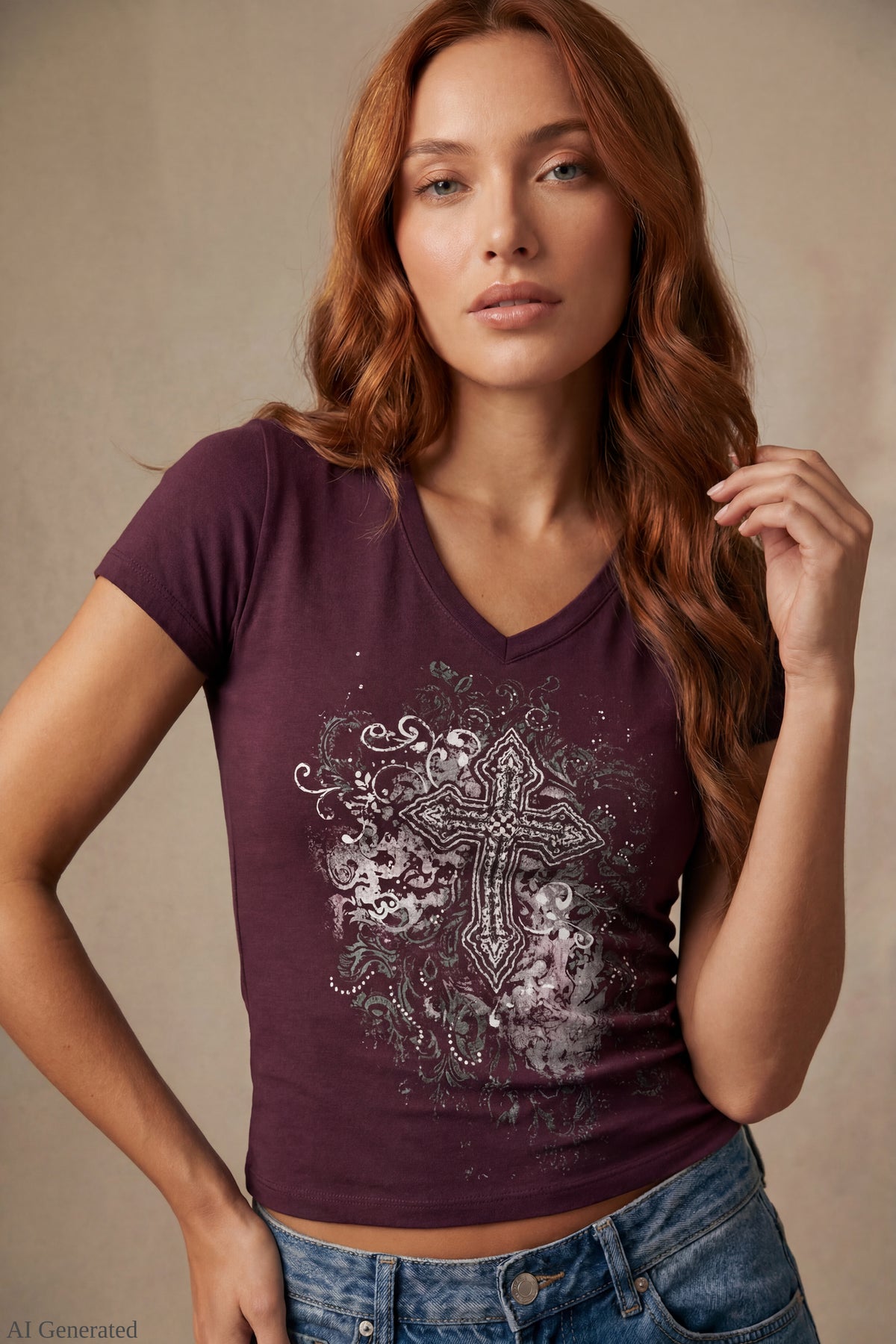 Graphic V-Neck T-Shirt - Burgundy