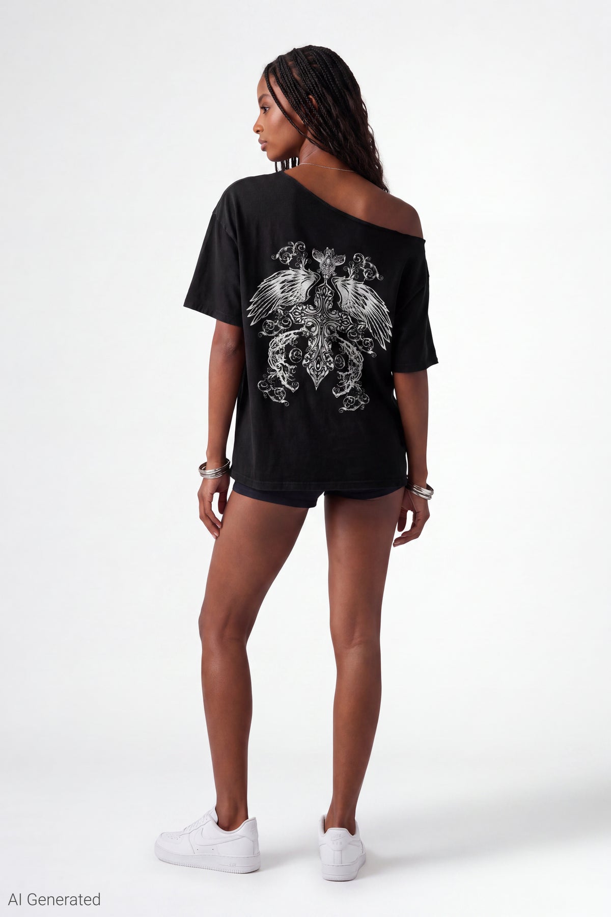 Alt View 3. Off Shoulder Graphic T-Shirt - Black