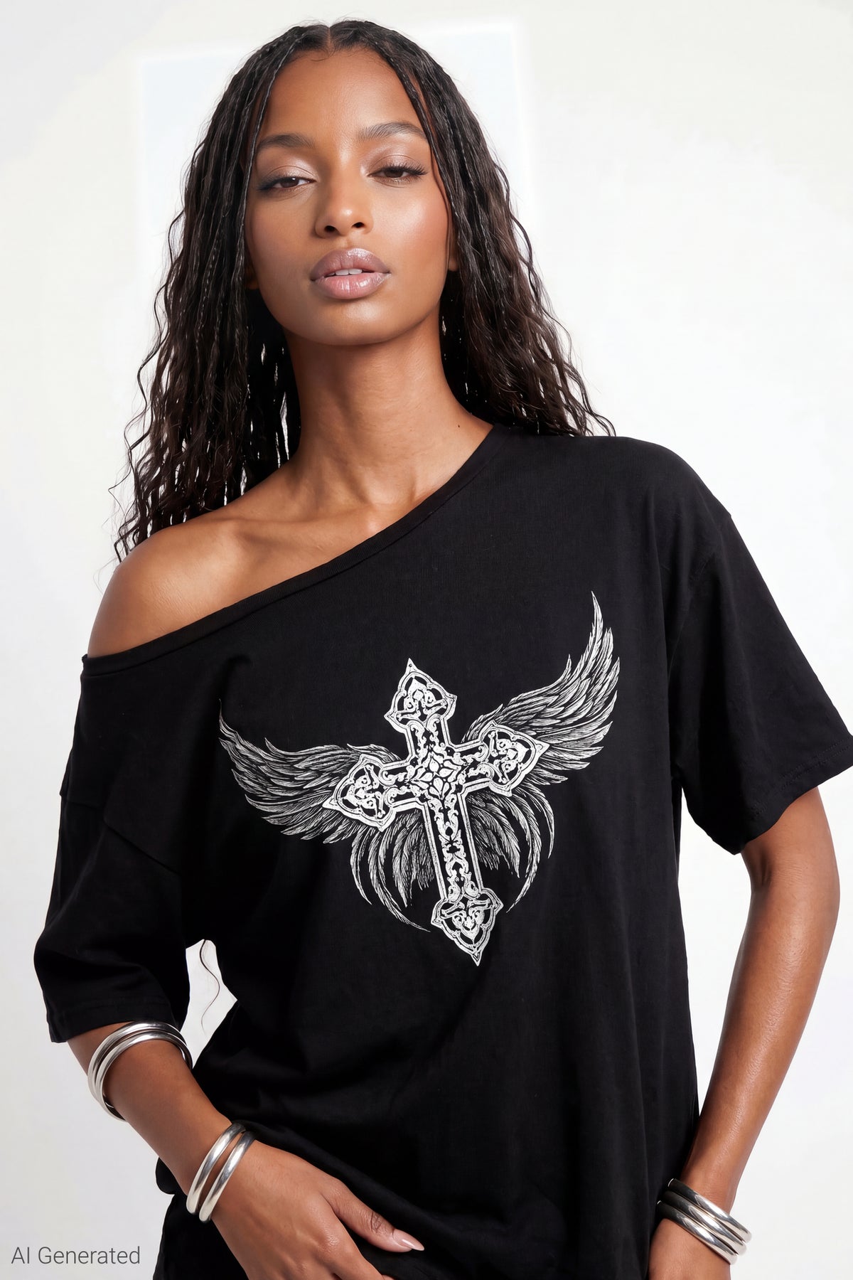 Off Shoulder Graphic T-Shirt - Black
