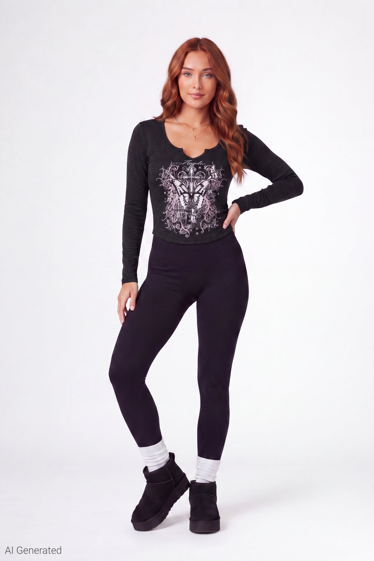 Alt View 2. Graphic V-Notch Long Sleeve Top - Black