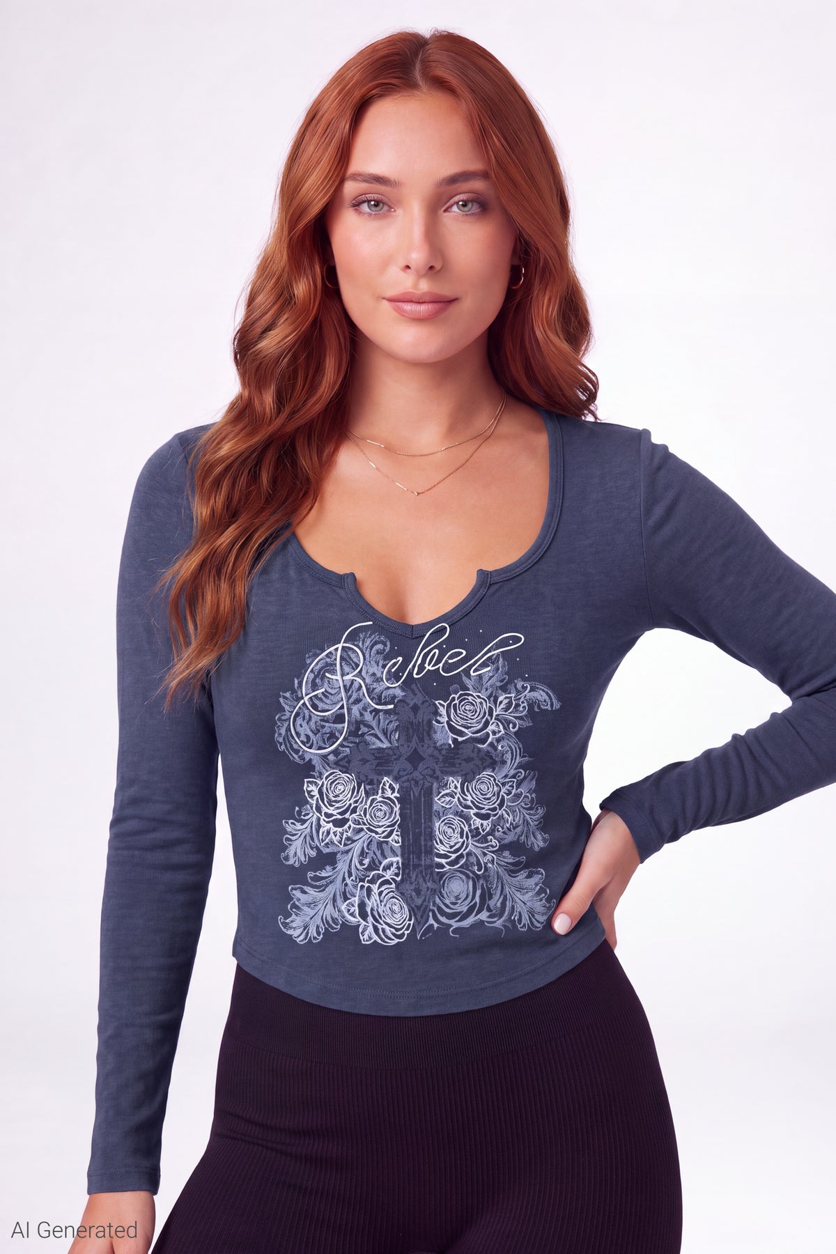 Graphic V-Notch Long Sleeve Top - Navy