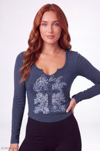 Graphic V-Notch Long Sleeve Top