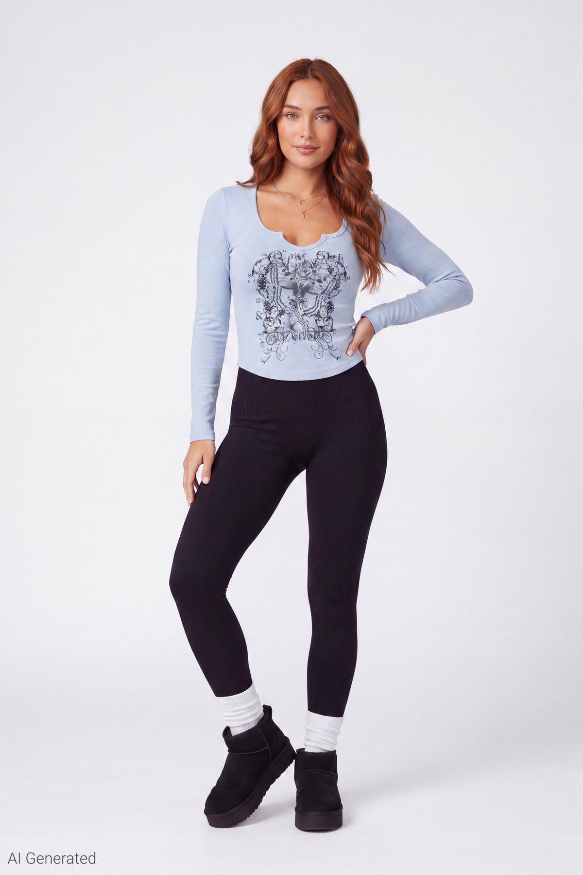 Alt View 2. Graphic V-Notch Long Sleeve Top - Baby Blue