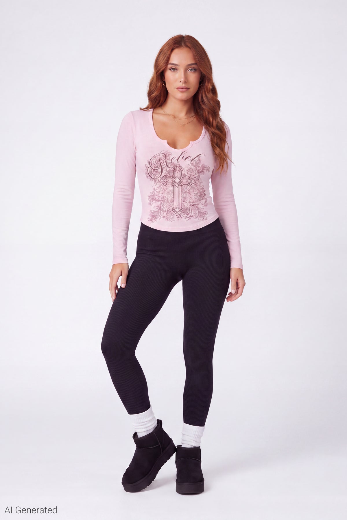 Alt View 2. Graphic V-Notch Long Sleeve Top - Pink