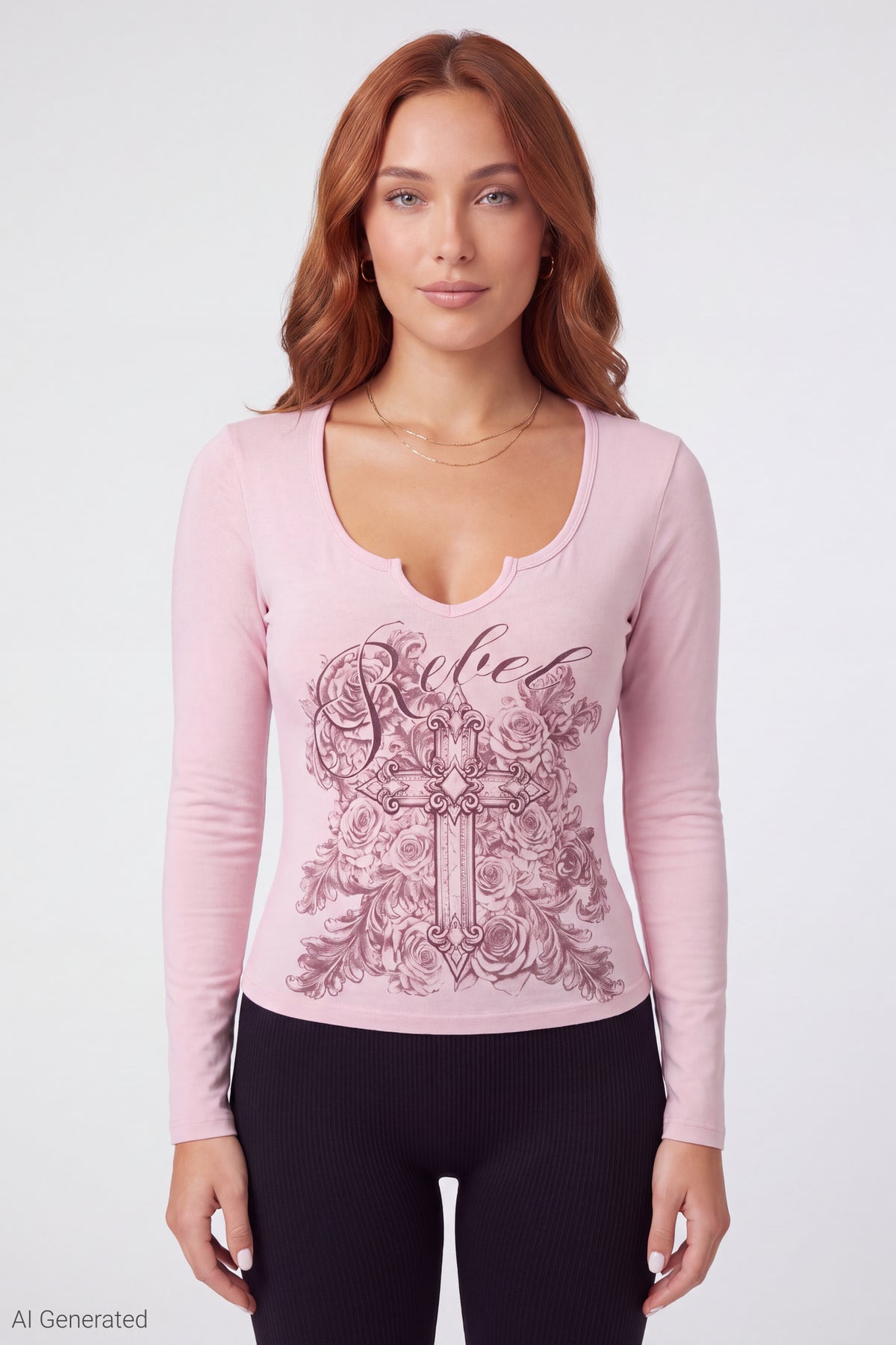 Graphic V-Notch Long Sleeve Top - Pink