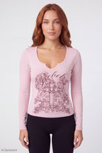 Graphic V-Notch Long Sleeve Top