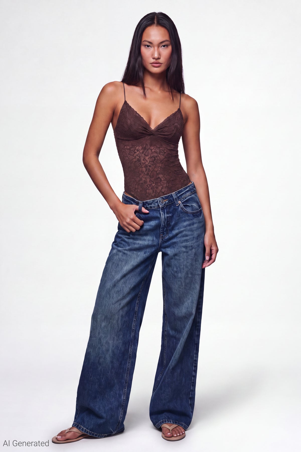 Alt View 2. Lace V-Neck Bodysuit - Brown