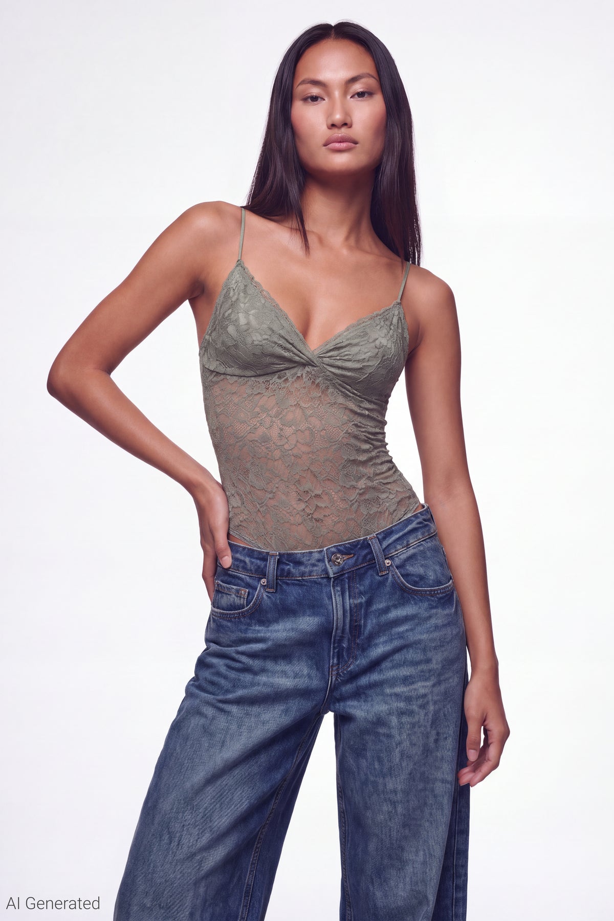 Lace V-Neck Bodysuit - Green