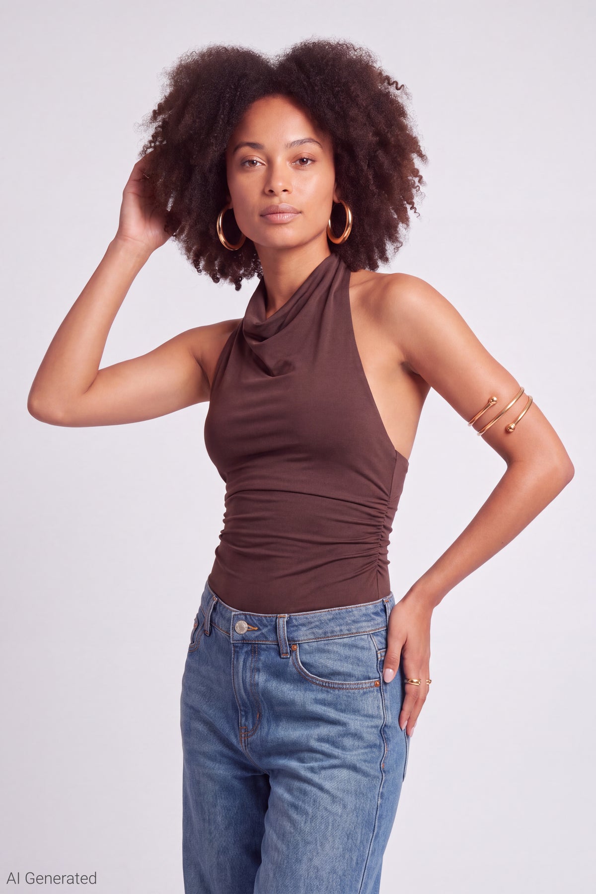 Cowl Neck Halter Bodysuit - Brown