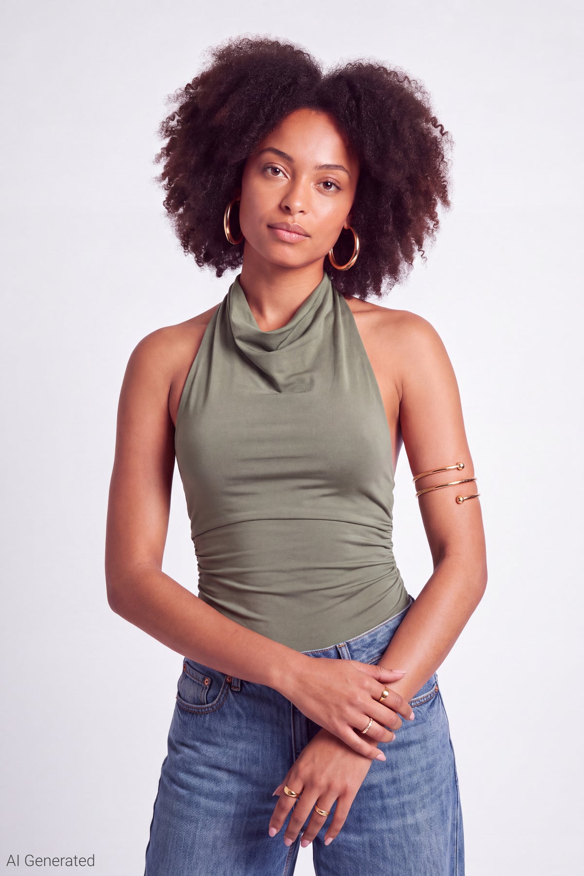 Cowl Neck Halter Bodysuit - Green