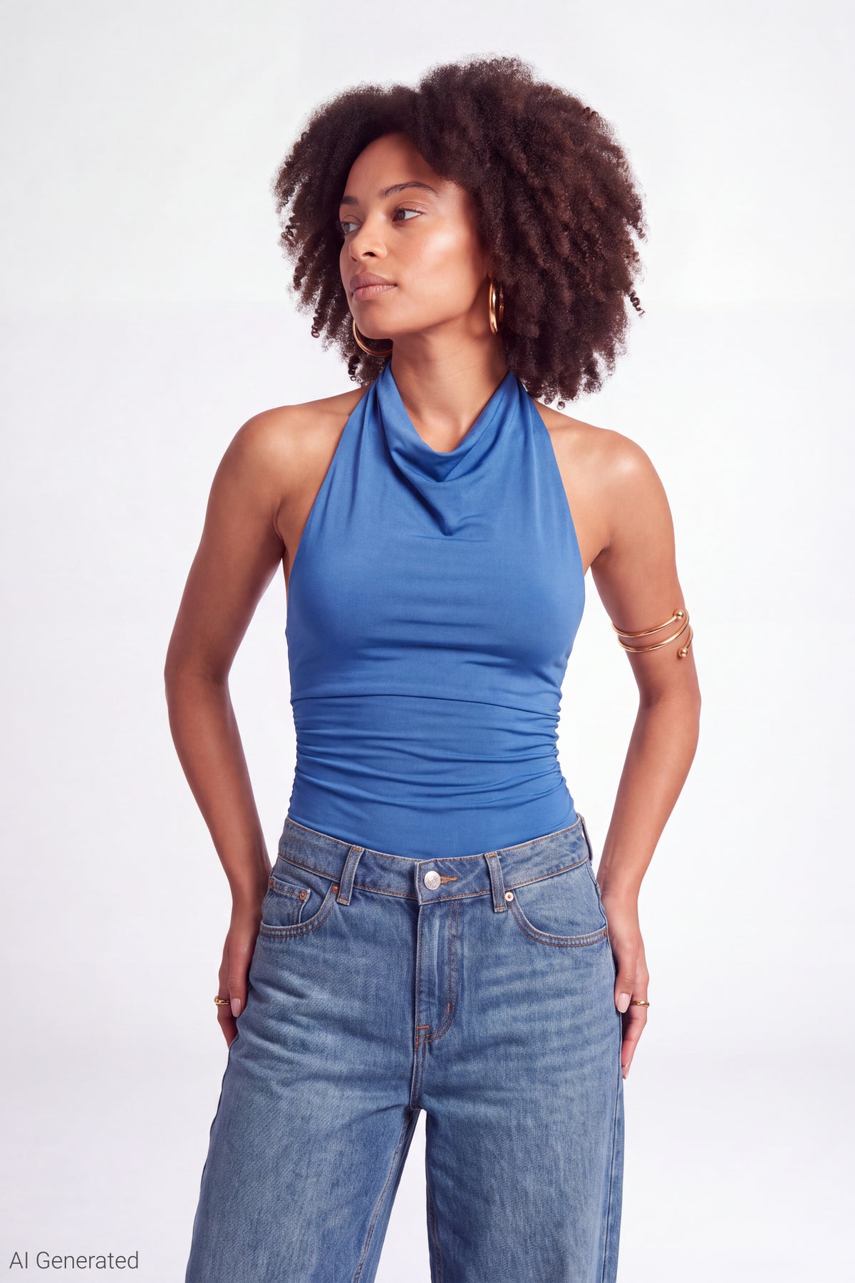 Cowl Neck Halter Bodysuit - Royal Blue