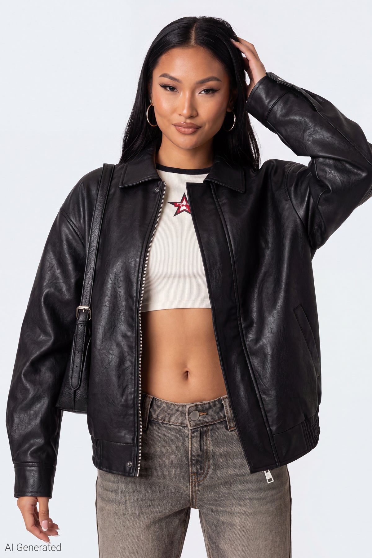 Oversized Faux Leather Jacket - Black