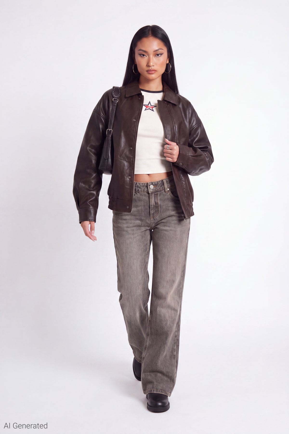 Alt View 3. Oversized Faux Leather Jacket - Brown