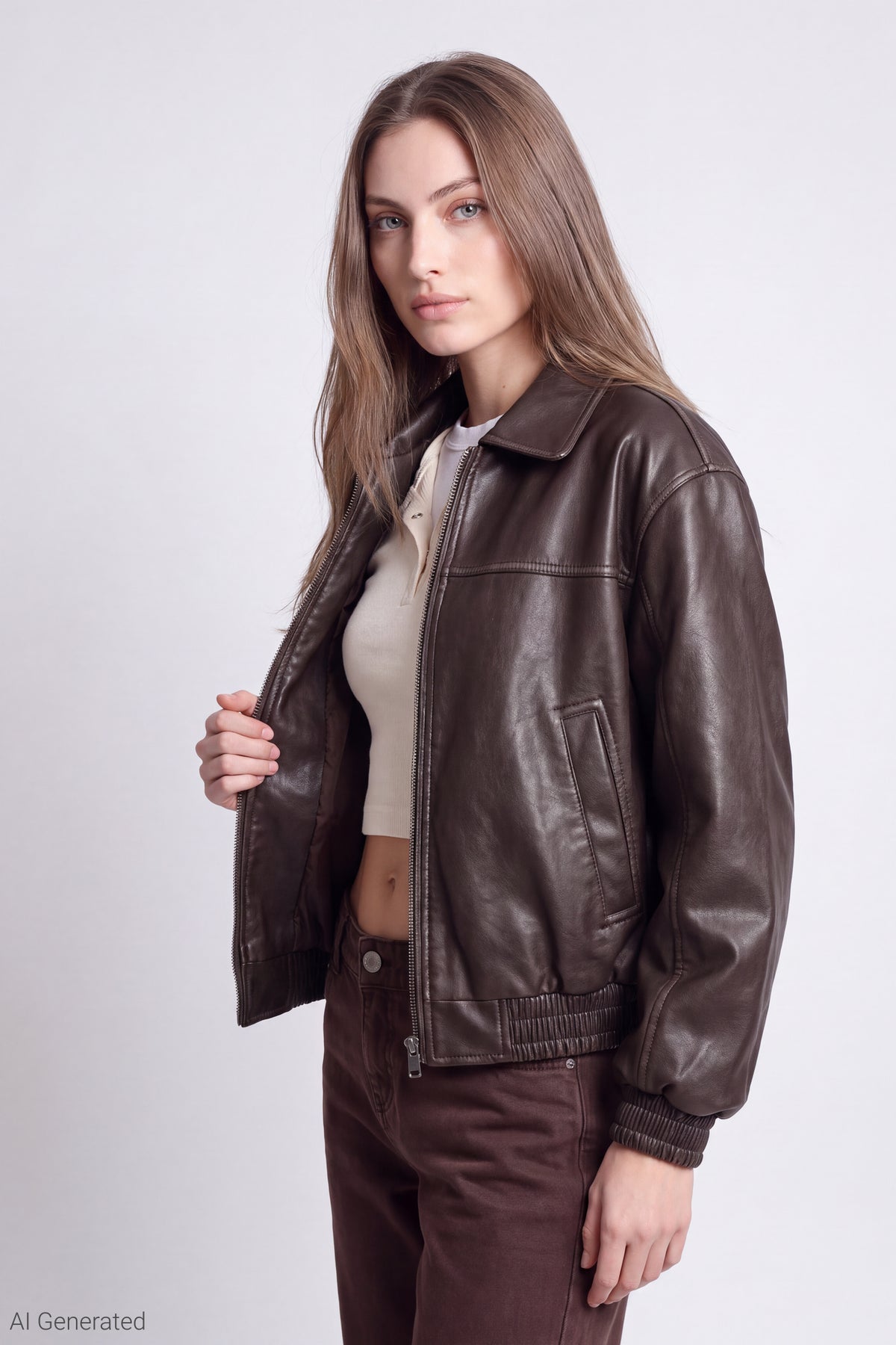 Oversized Faux Leather Jacket - Brown
