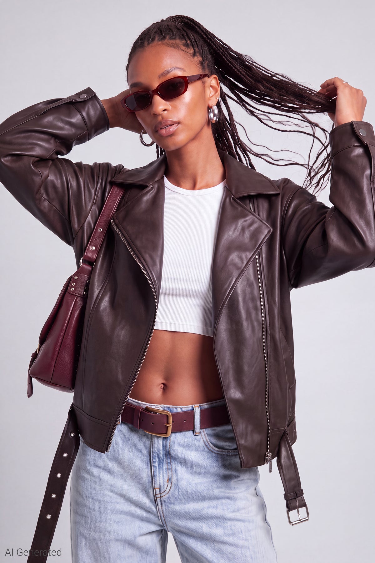 Faux Leather Moto Jacket - Brown