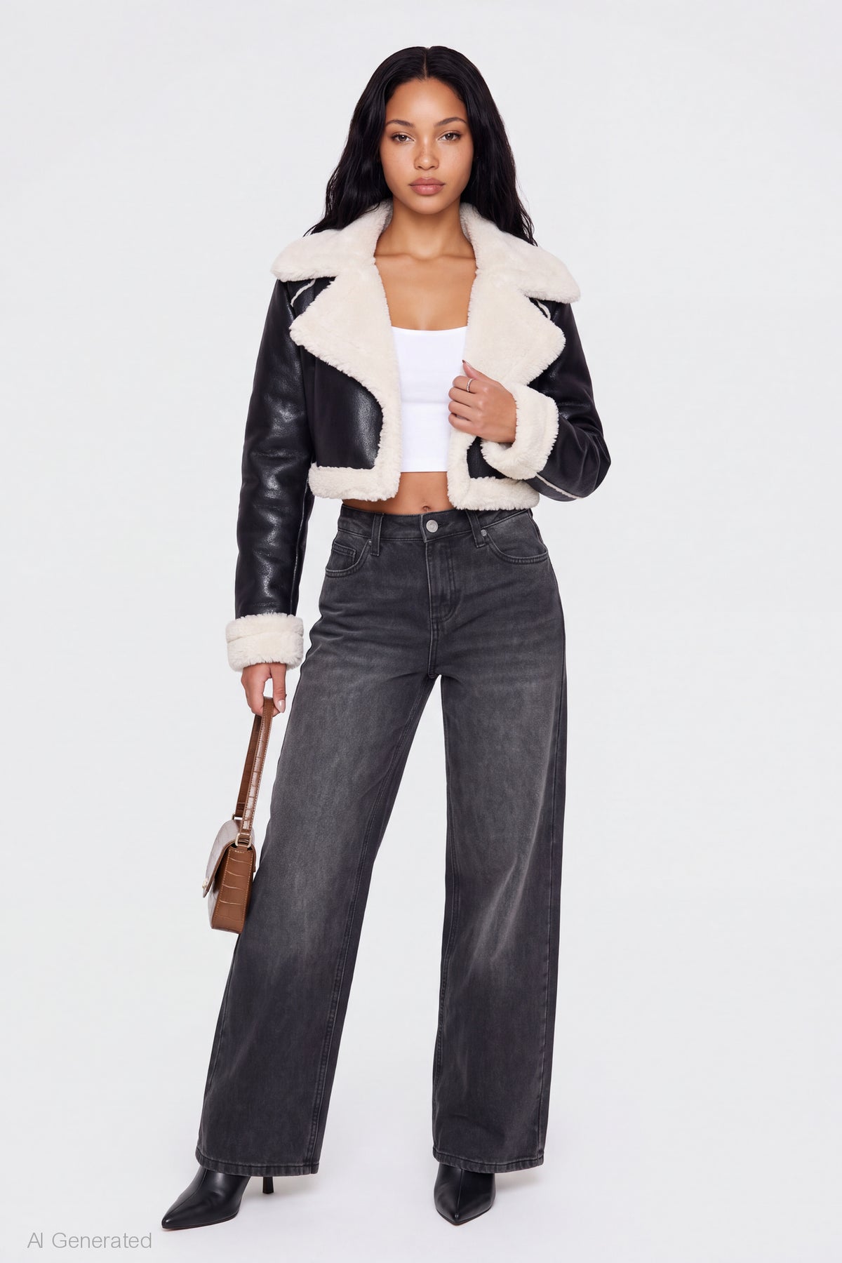 Alt View 3. Sherpa Trim Faux Leather Jacket - Black