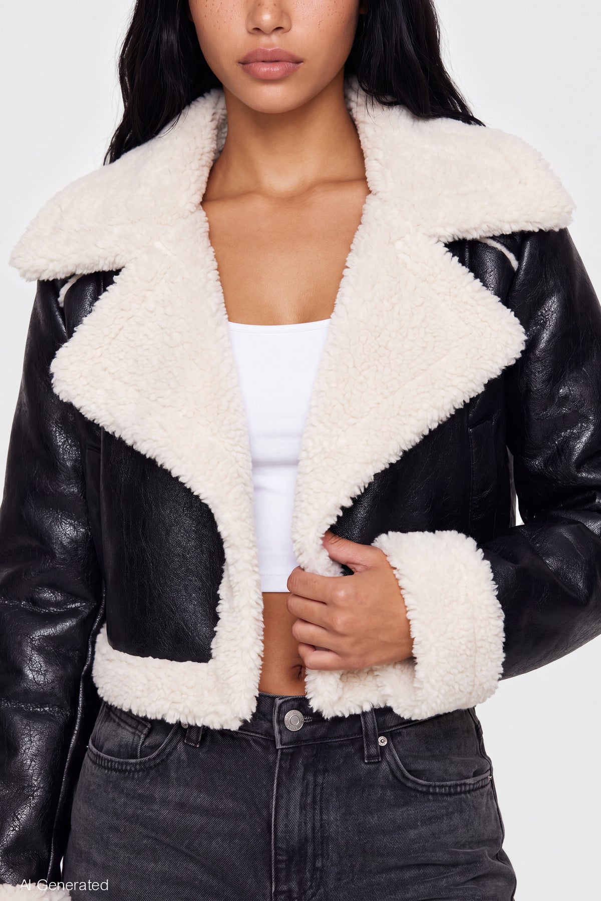 Alt View 4. Sherpa Trim Faux Leather Jacket - Black