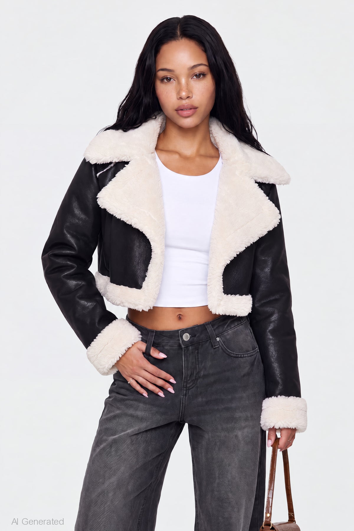 Sherpa Trim Faux Leather Jacket - Black